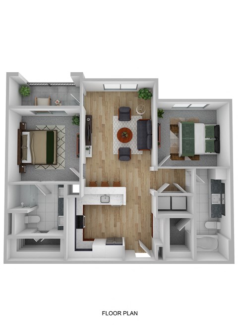 a stylized 3d floor plan of a house with a bedroom and living room
